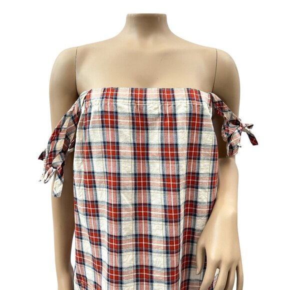 A.P.C. Off-Shoulder Plaid Midi Sheath Dress Bow Tie Details Linen Blend Womens M - Picture 11 of 11